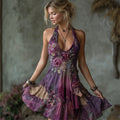 Classy Purple Roses Embroidered Flowy Wide Skirted Linen Dress