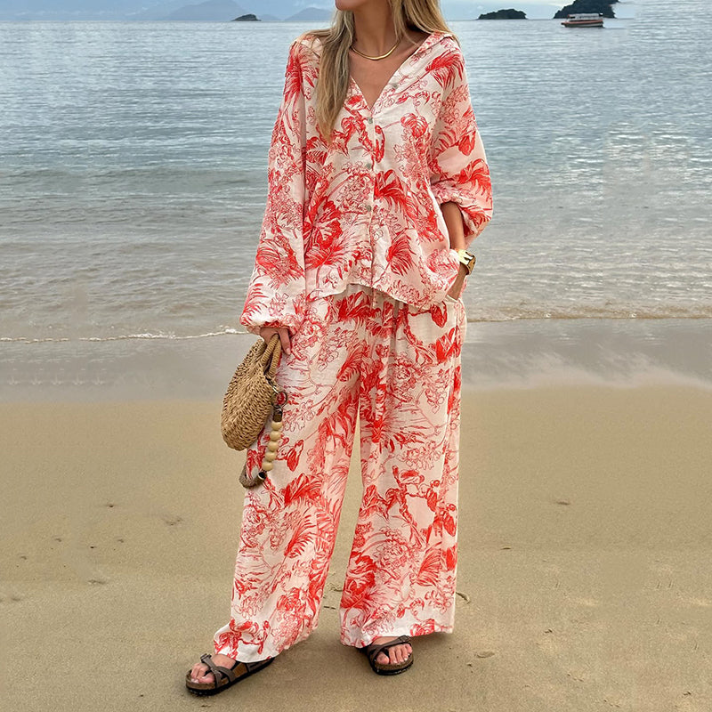 Women's Floral Print Long Sleeve Pants Two Piece Set artswardrobe