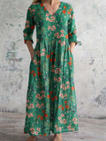 Women's Elegant Floral Pattern V-Neck Cotton Dress