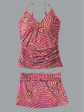 Women's Line Art V-Neck Print Suspender Skirt Tankini Pantskirt Set Swimsuit