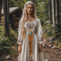 Women's Viking Celtic Tree Of Life Floral Design Linen Maxi Dress artswardrobe