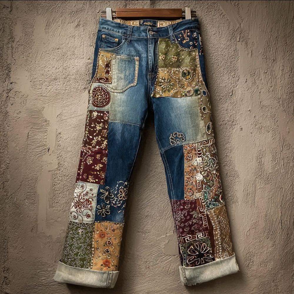 Comstylish Women's Bohemian Style Patchwork Art Denim Pants