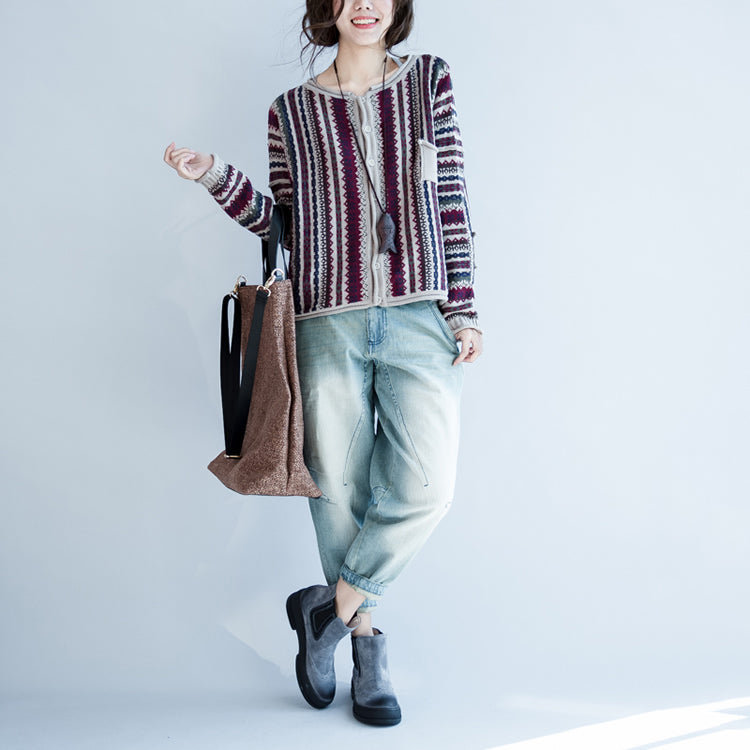 Fine Cotton Striped Knit Cardigans Long Sleeve Short Sweater Outwear