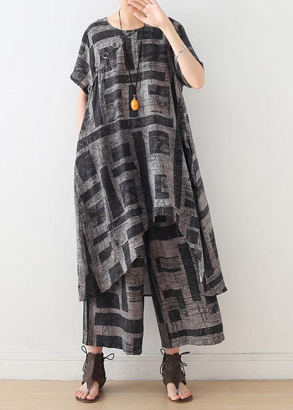 Blue Prints Cotton Blend Two Pieces Side Open Tops and Elastic Waist Wide Leg Pants