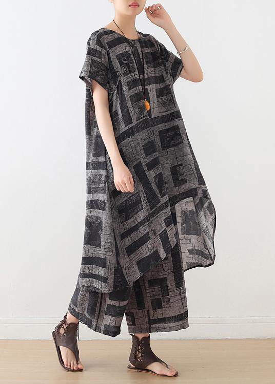 Blue Prints Cotton Blend Two Pieces Side Open Tops and Elastic Waist Wide Leg Pants