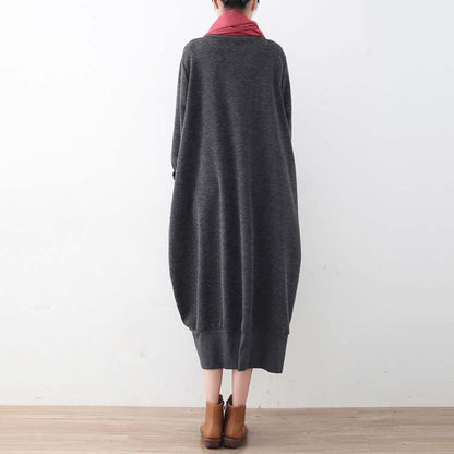 Gray Sweater Dresses Oversized Sweater High Neck Pullover Knit Dress Patchwork
