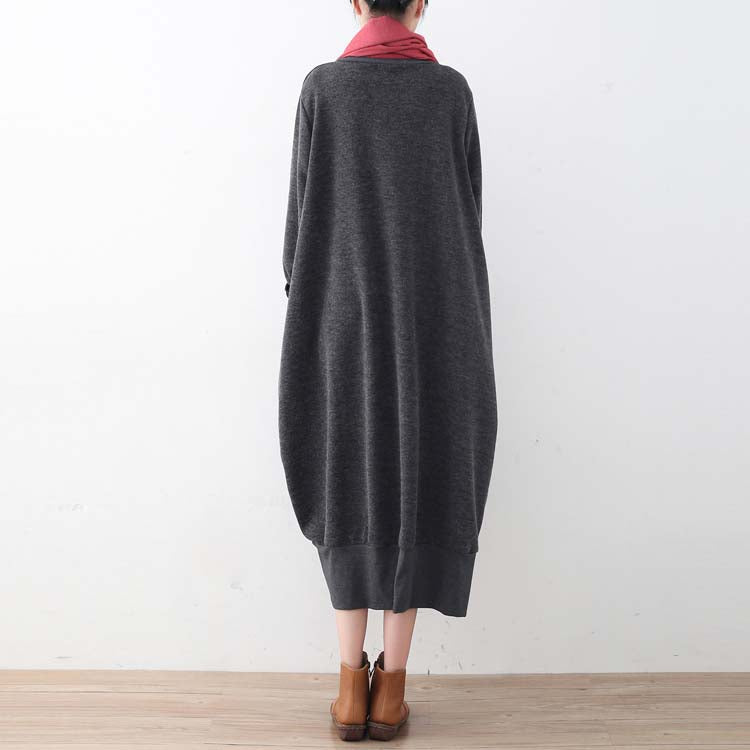 Gray Sweater Dresses Oversized Sweater High Neck Pullover Knit Dress Patchwork
