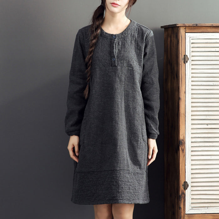 Gray Warm Cotton Linen Dresses Long Sleeve Mid Dress