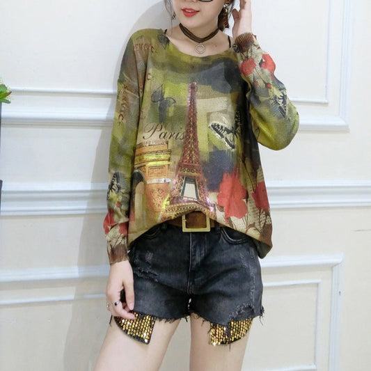 Green Prints Cotton Sweater Tops Oversize O Neck Unique Knit Pullover