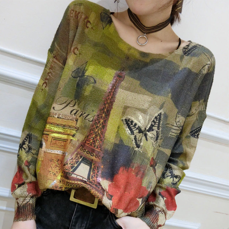 Green Prints Cotton Sweater Tops Oversize O Neck Unique Knit Pullover