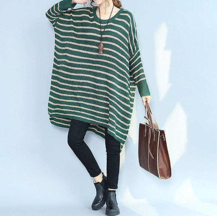 Green Striped Autumn Winter Woolen Blended Knit Dresses Baggy Loose Batwing Sleeve Sweater Dress