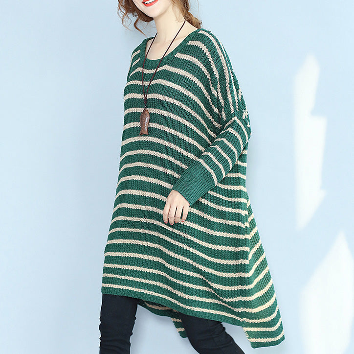 Green Striped Autumn Winter Woolen Blended Knit Dresses Baggy Loose Batwing Sleeve Sweater Dress