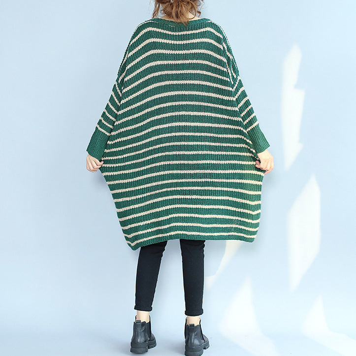 Green Striped Autumn Winter Woolen Blended Knit Dresses Baggy Loose Batwing Sleeve Sweater Dress
