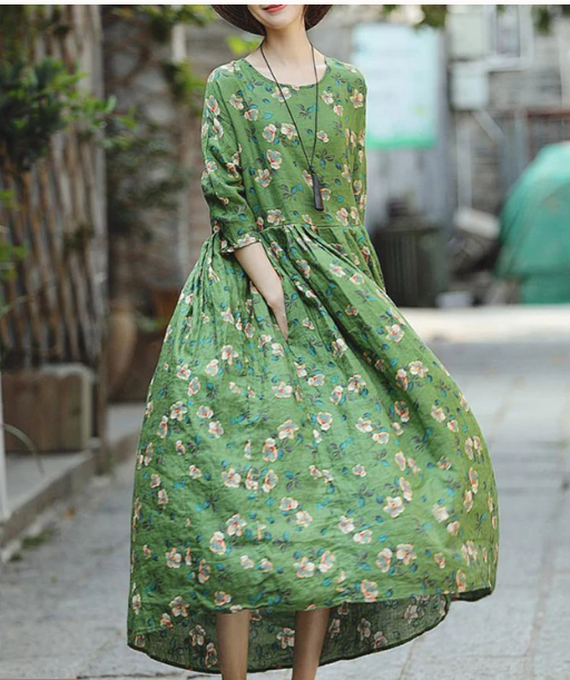 Green Print Natural Linen Dress Loose Fitting O Neck Linen Clothing Dresses Three Quarter Sleeve Baggy Dresses