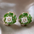 Green Enamel Earrings with Elegant Pearls