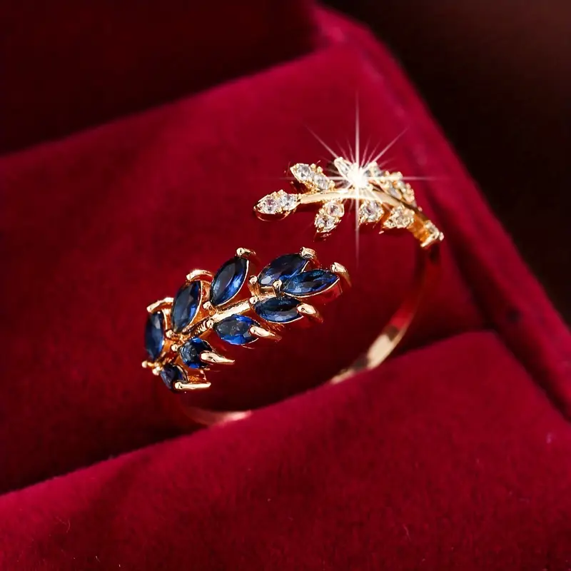 Open Blue Leaf Zirconia Gold Ring