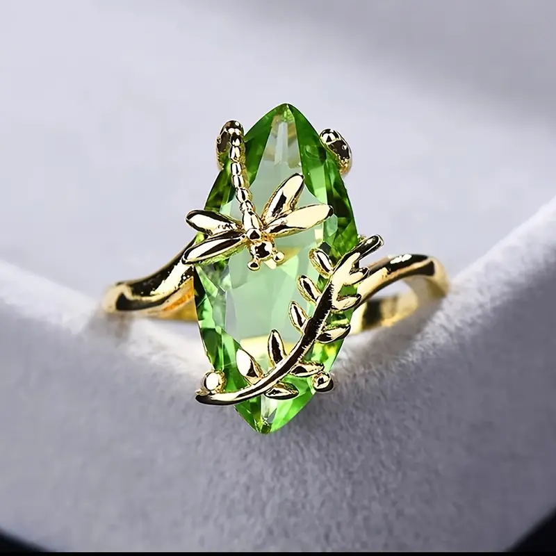 Olive Crystal Dragonfly Gold Ring