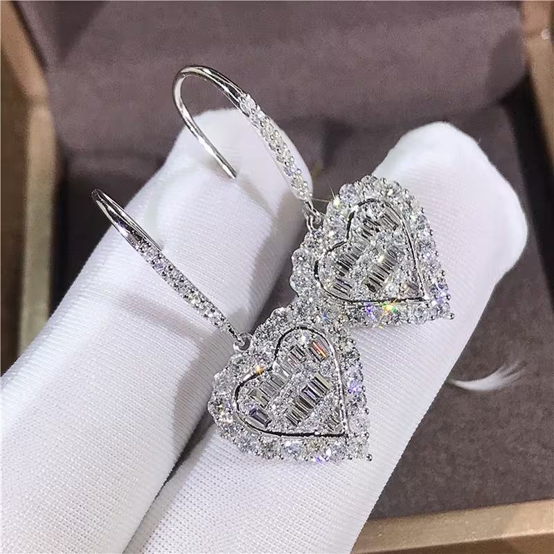 Dangling Crystal Heart Silver Earrings