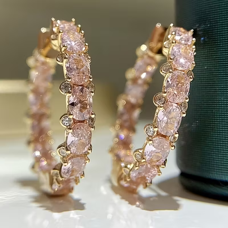 Elegant Inlaid Pink Crystal Hoop Earrings