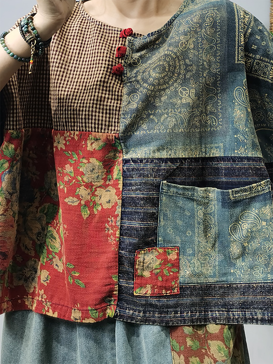 Summer Patchwork Button Pocket Shirt