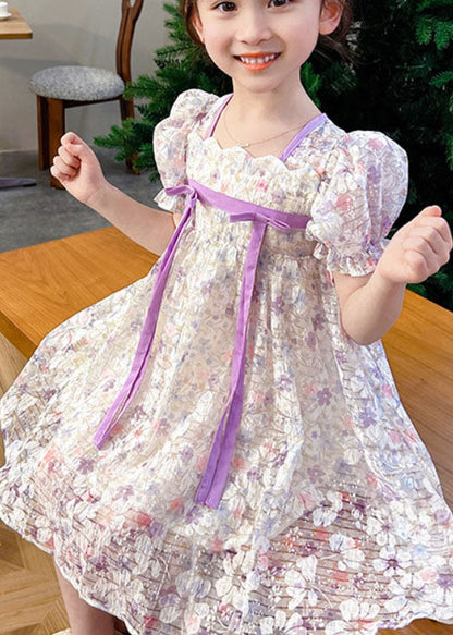 Light Purple Print Patchwork Tulle Baby Dress Wrinkled Summer