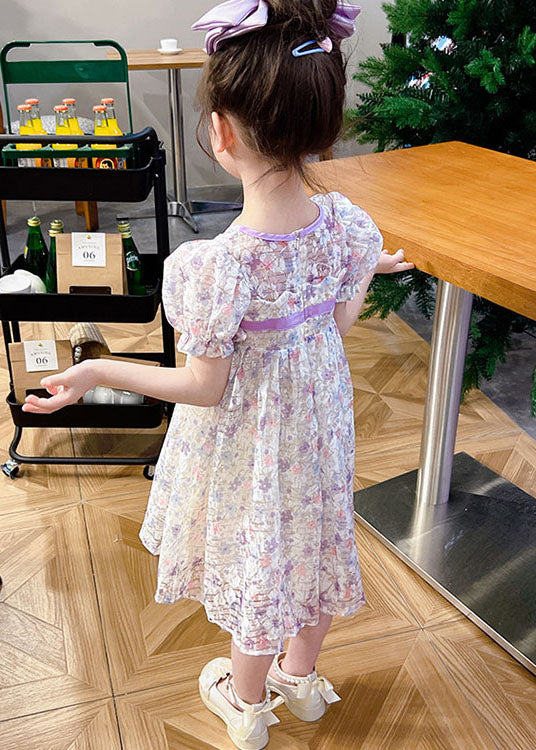 Light Purple Print Patchwork Tulle Baby Dress Wrinkled Summer