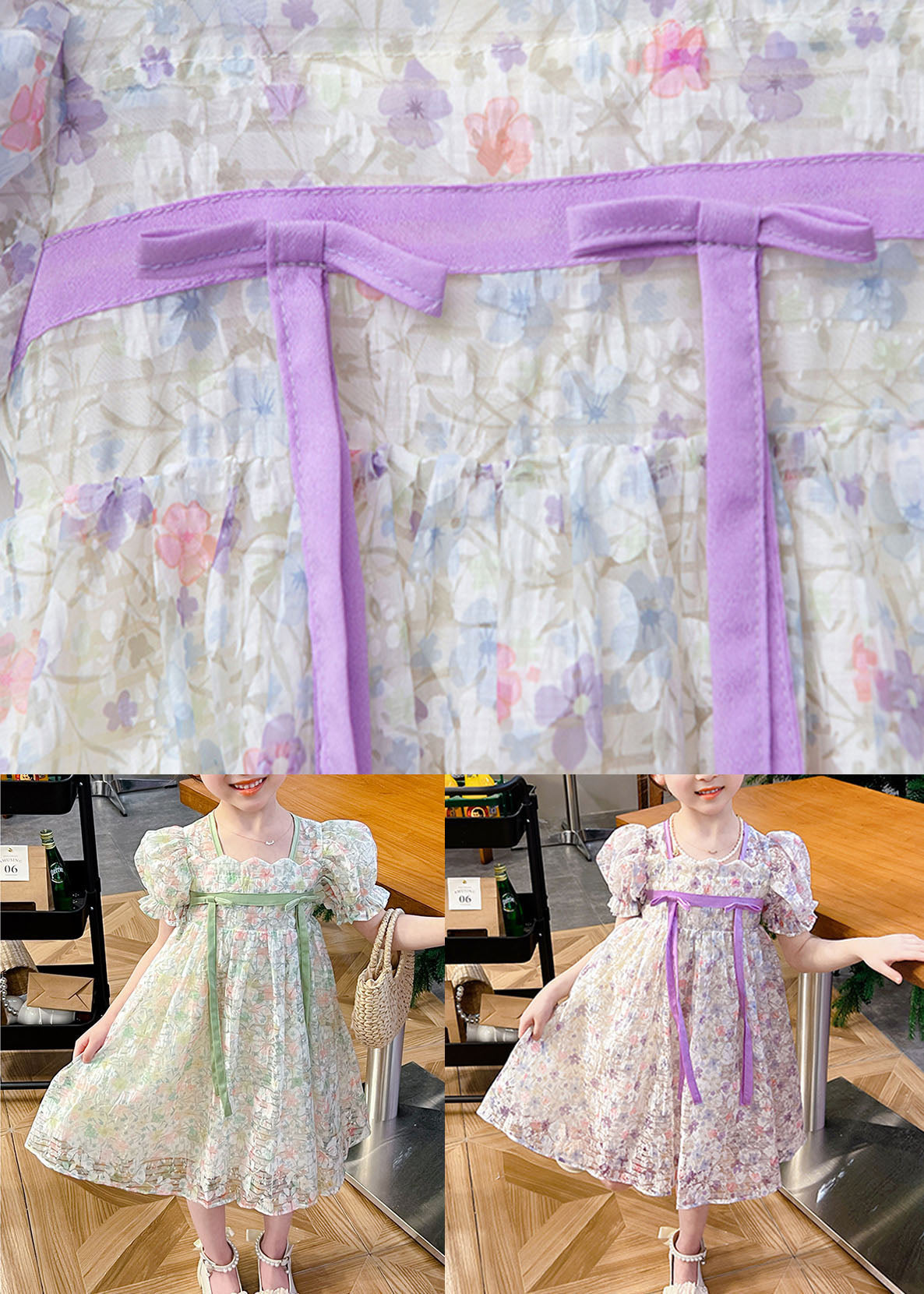 Light Purple Print Patchwork Tulle Baby Dress Wrinkled Summer