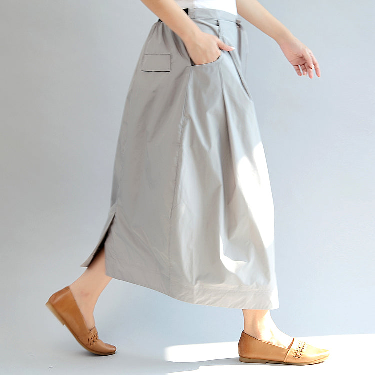 Light Gray Cotton Skirts Elastic Waist Maxi Skirts