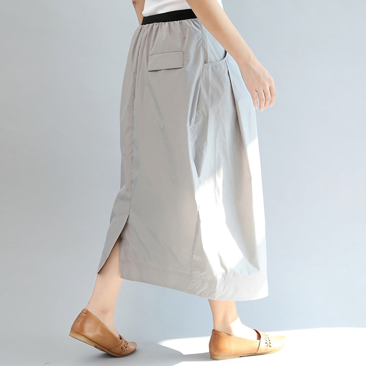 Light Gray Cotton Skirts Elastic Waist Maxi Skirts