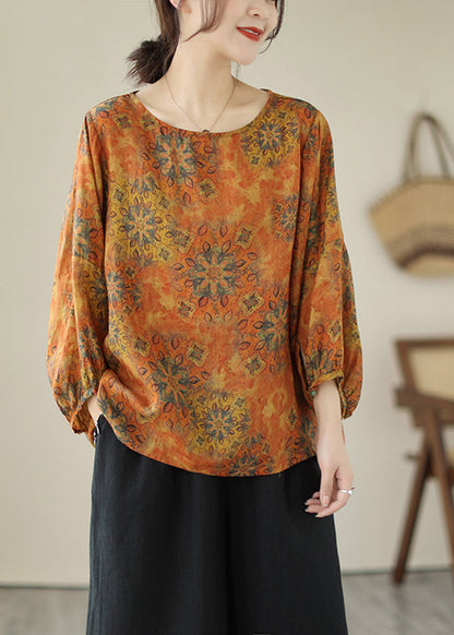 Lus Size Orange Oversized Print Cotton Shirt Tops Lantern Sleeve