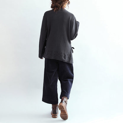 Navy Vitage Cotton Sweater Cardigans Hem Hollow Out Knit Coats