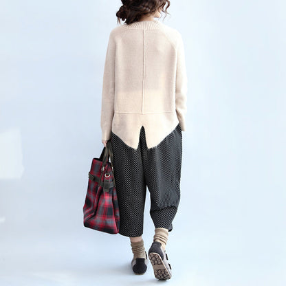 New Beige Cotton Cable Knit Tops Oversize Side Open Sweater