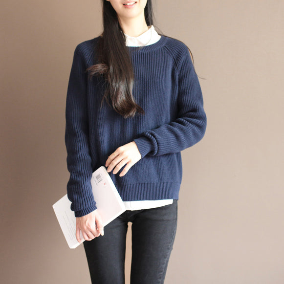 New Dark Blue Color Cotton Knit T Shirt Loose Batwing Sleeve Sweater Tops