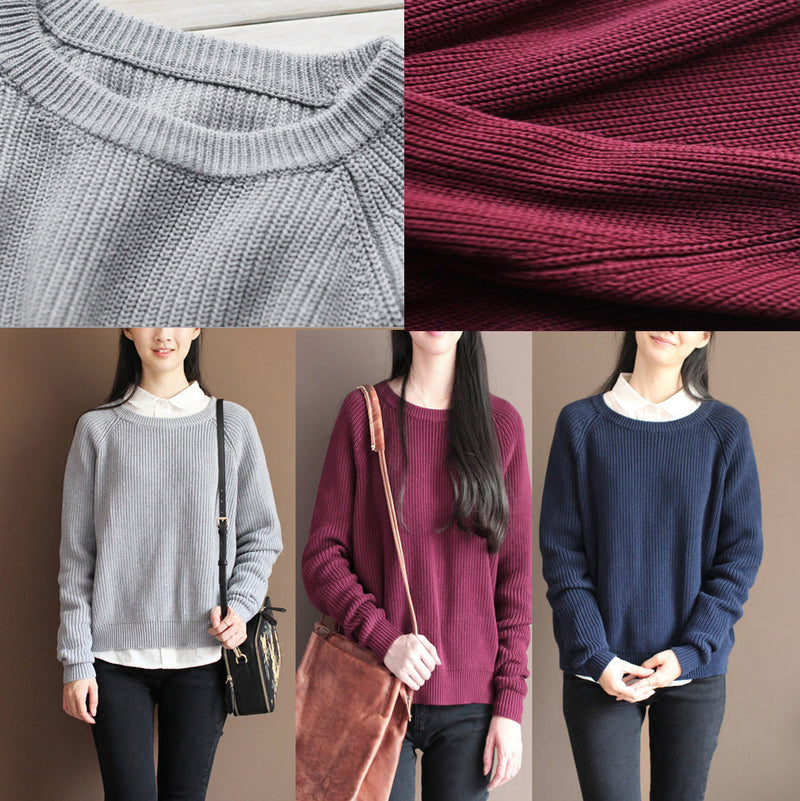 New Dark Blue Color Cotton Knit T Shirt Loose Batwing Sleeve Sweater Tops