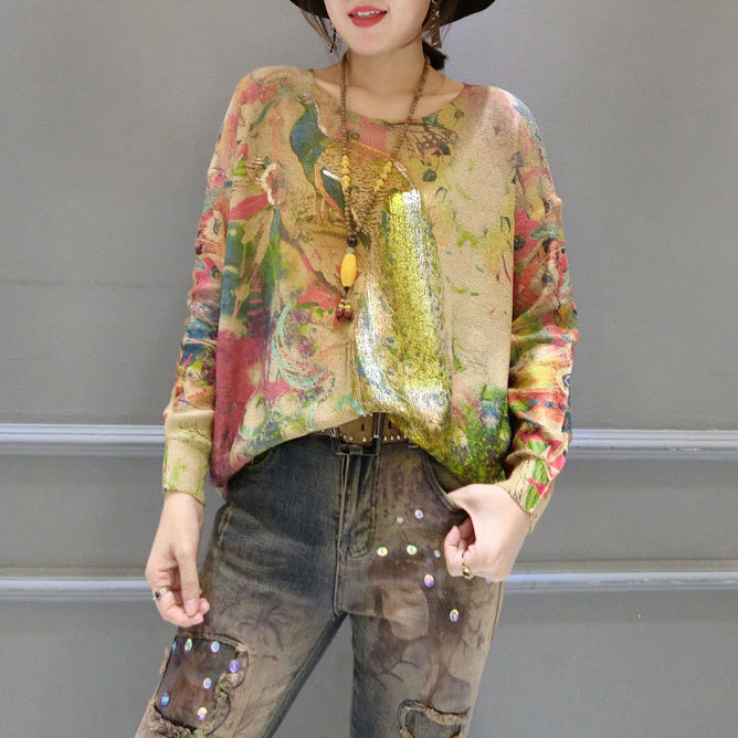 New Warm Gold Phoenix Print Cotton Knit Pullover Long Sleeve Casaul Sweater