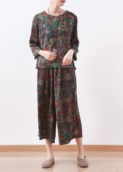 New Green Chiffon Two Pieces O Neck Tops With Loose Wide-leg Pants