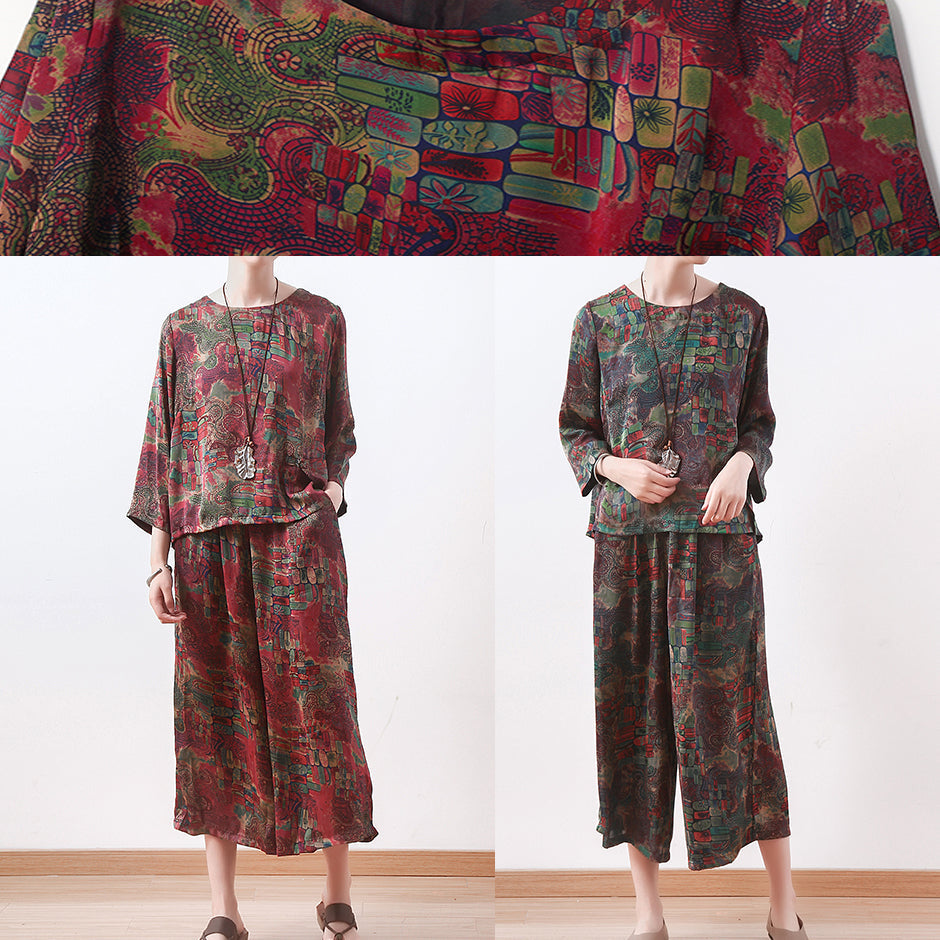 New Green Chiffon Two Pieces O Neck Tops With Loose Wide-leg Pants
