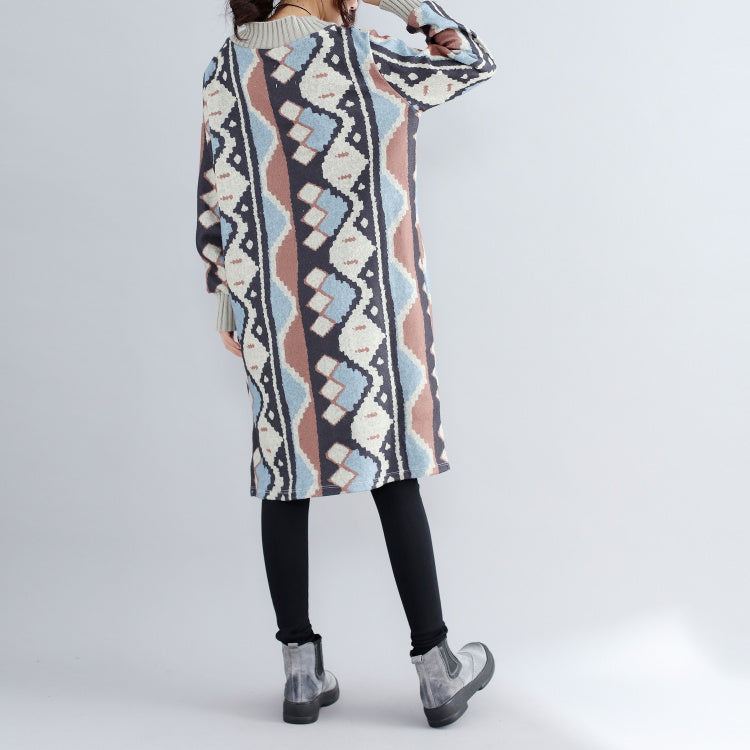 New Khaki Prints Woolen Sweater Dresses Oversize Side Open Knit Dress
