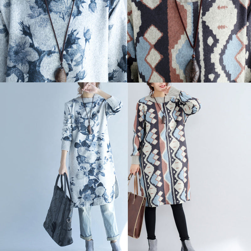 New Khaki Prints Woolen Sweater Dresses Oversize Side Open Knit Dress