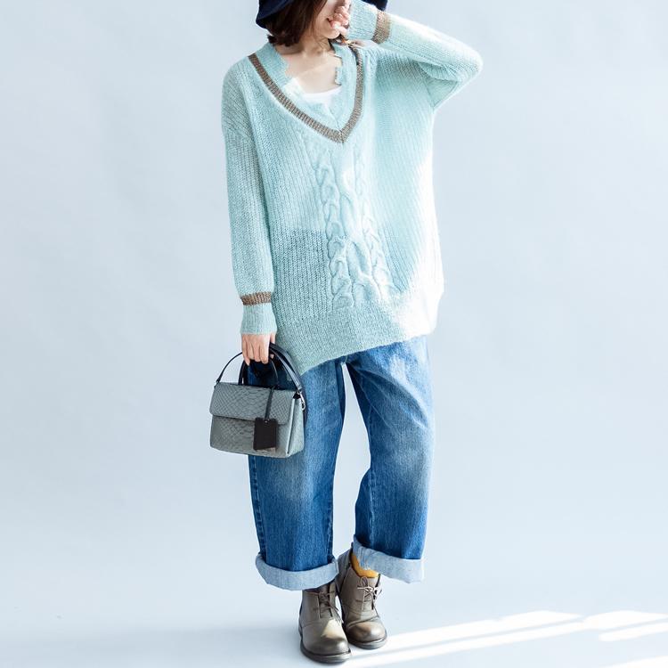 New Light Blue Warm Woolen Sweater Oversized V Neck Knit Tops