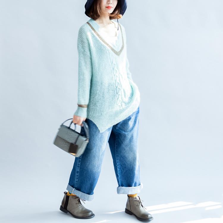 New Light Blue Warm Woolen Sweater Oversized V Neck Knit Tops