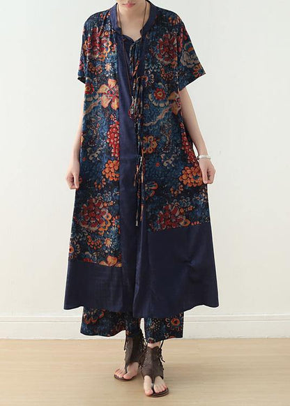 New Loose Blue Retro Print Pattern V-neck Silk Cardigan and Wide Leg Pants Two-piece