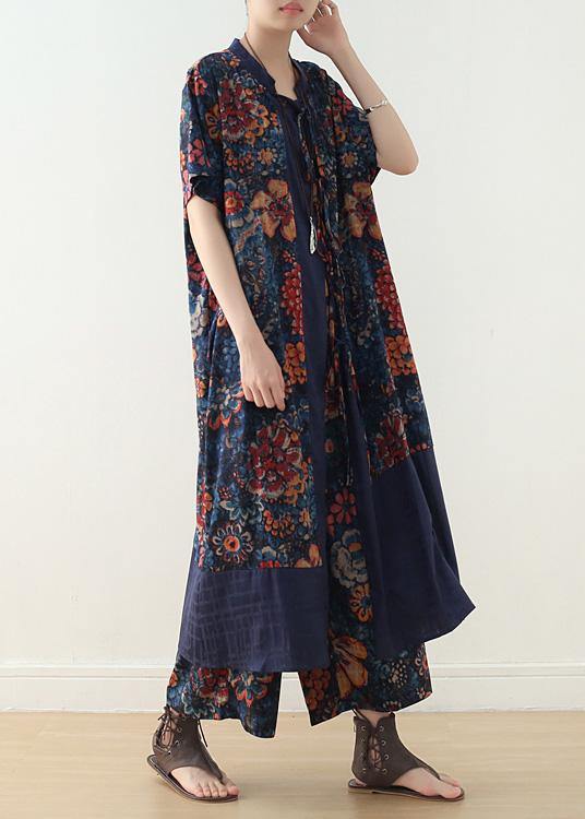 New Loose Blue Retro Print Pattern V-neck Silk Cardigan and Wide Leg Pants Two-piece