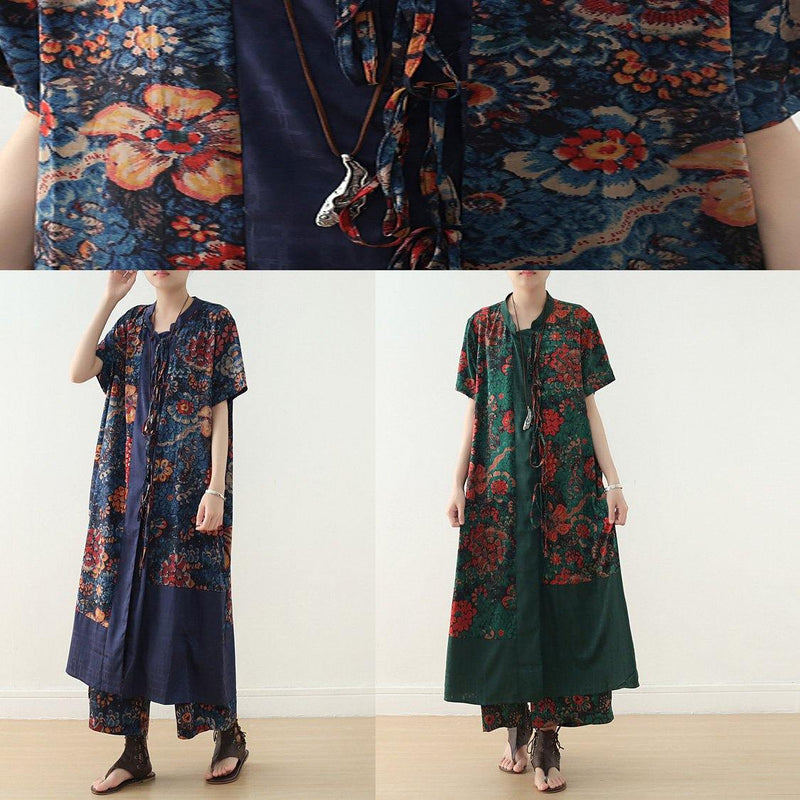 New Loose Blue Retro Print Pattern V-neck Silk Cardigan and Wide Leg Pants Two-piece