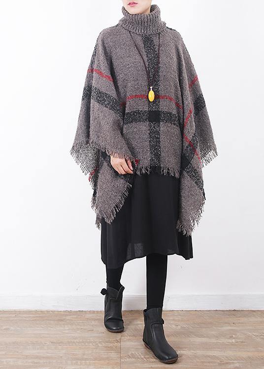 Oversize Dark Gray Tassel High Neck Sweater Plaid Cloak