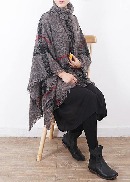 Oversize Dark Gray Tassel High Neck Sweater Plaid Cloak