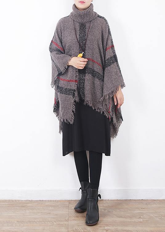 Oversize Dark Gray Tassel High Neck Sweater Plaid Cloak