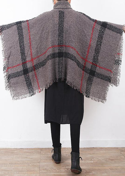 Oversize Dark Gray Tassel High Neck Sweater Plaid Cloak