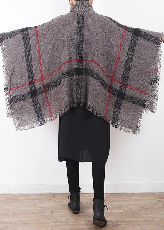 Oversize Dark Gray Tassel High Neck Sweater Plaid Cloak