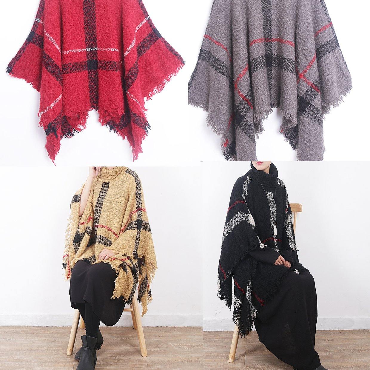 Oversize Dark Gray Tassel High Neck Sweater Plaid Cloak